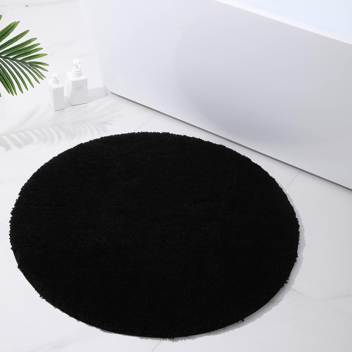 SnelShoppen - Badmat Rond 90cm Zacht en Fluffy Microfiber Antislip Wasbaar Badkamer Tapijt Zwart Hoogpolig voor Douche en Bad