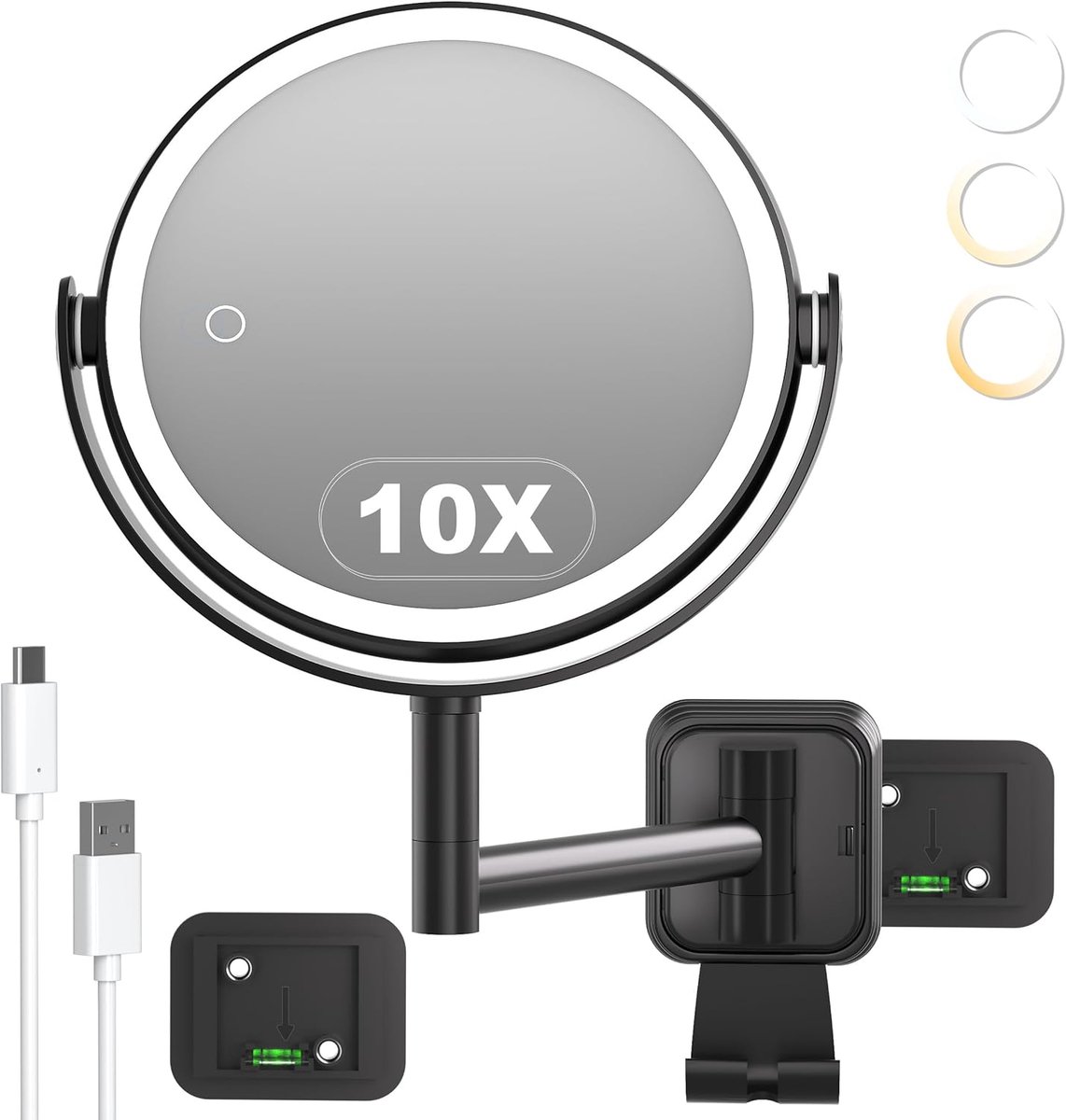 SnelShoppen - Wandmake-up Spiegel met Zuignap, 10x Vergroting, LED Verlichting, 3 Instelbare Lichten, Oplaadbaar 2000 mAh, 360° Draaibaar en Uittrekba