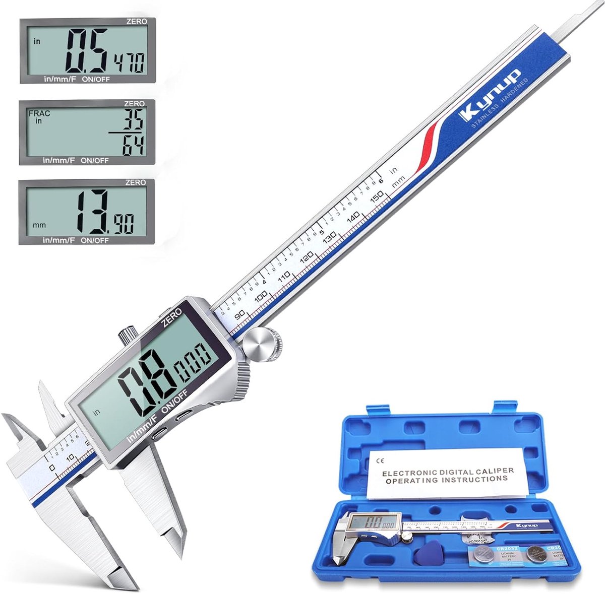 SnelShoppen - Digitale schuifmaat 150 mm met LCD-scherm, roestvrij staal, spatwaterdicht, millimeter/inch/fractieomzetting, metalen schuifmaat voor pr