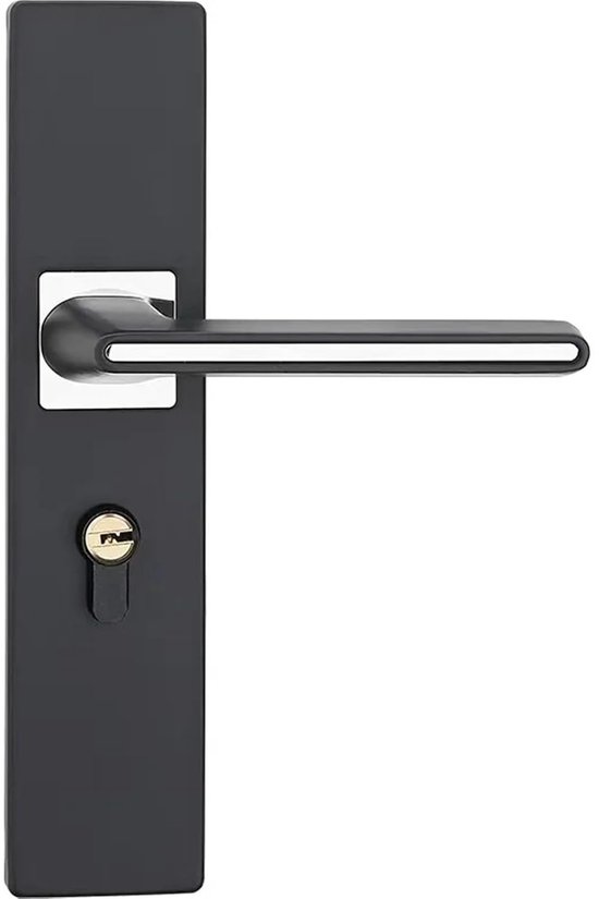 Zwarte deurklink met sleutelgat, strak design met zilverkleurige accenten.