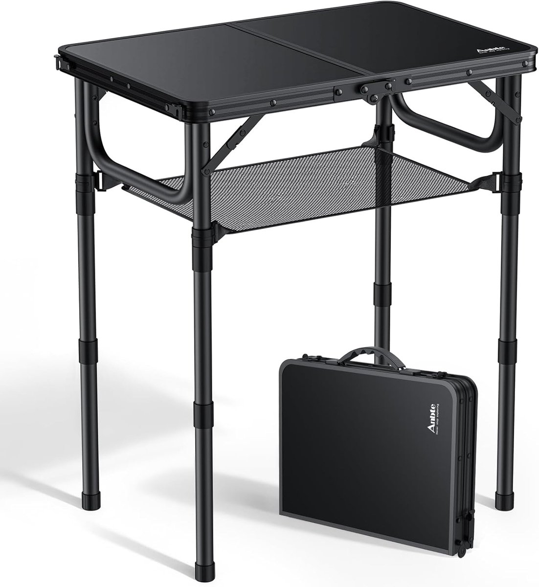 SnelShoppen - Vouwbare Campingtafel 59x40.2x67cm - 3 Hoogteverstellingen - Opvouwbare Tuin/Barbecue/Picknick Tafel met Opbergnet - Zwart