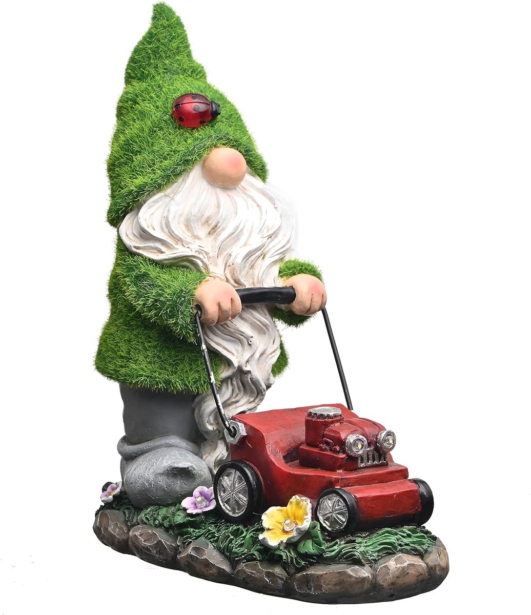 SnelShoppen - Flocking Tuin Gnoom Beeld met Solar Lamp, Waterdichte Tuinfigurine met Grasmaaier voor Buiten, Patio, Tuin, Balkon, 28cm