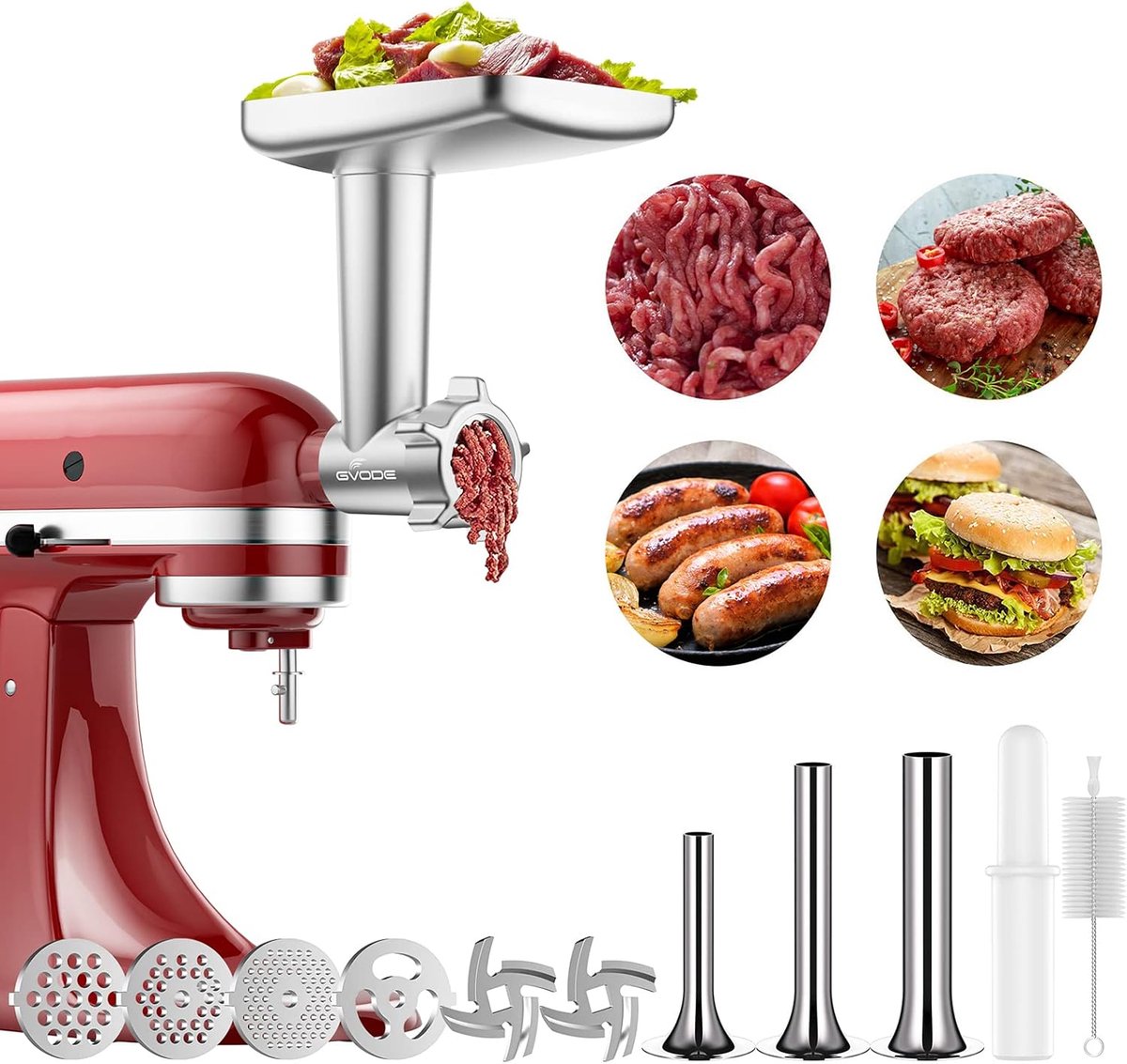 Thijox - Vleesmolen-opzetstuk voor KitchenAid Blender, inclusief 3 Worstvulhoorns, 2 Slijpmessen, 4 Maalschijven, Reinigingsborstel, Premium Aluminium