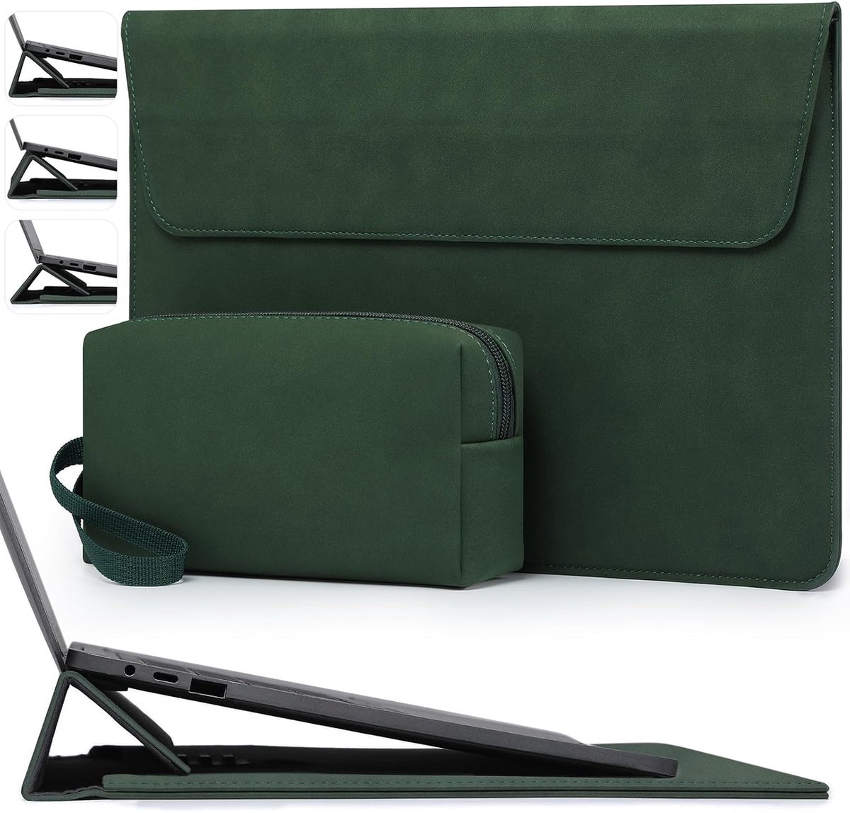 SnelShoppen - Laptop Sleeve 15-16 Inch met Verstelbare Stand voor MacBook Pro, HP Envy en XPS 15 - Hoogwaardig, Midden Groen, Perfect voor Thuis en We