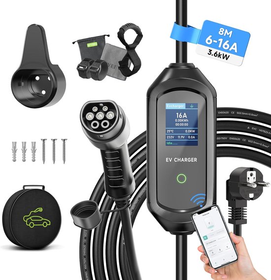 SnelShoppen - Type 2 EV Charger 3.6kW 6-16A 1-fase, Elektrische Auto Oplaadkabel met Tas, IEC 62196-2, 8M - Snelladen, Digitaal Scherm, Verstelbare St