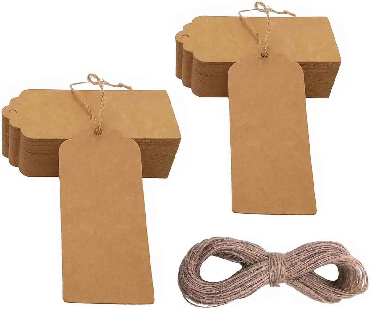 SnelShoppen - Gift Label Set 100 stuks Kraft Papier Labels Bruin met 30 m Jute Touw voor Cadeauverpakking, Bruiloft, DIY Ambachten