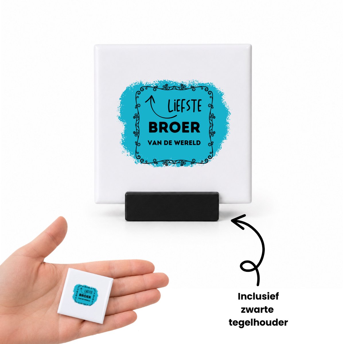 Hacebo liefste broer van de wereld tegeltje met tegelhouder - Broer - de liefste broer - tegeltjes met tekst - verjaardag - cadeautje voor broer - broer artikelen - kado - geschenk - spreuktegels - 4.8x4.8 CM Wit