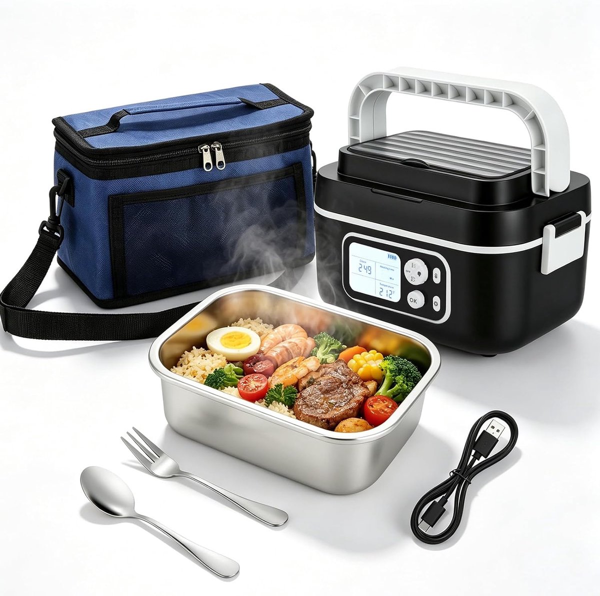 SnelShoppen - Elektrische Lunchbox met Accu 27000 mAh, 100 W, Oplaadbare Zelfverwarmende Lunchbox 1.5 L, RVS Inzet, Warmhoudbox voor Auto en Campings