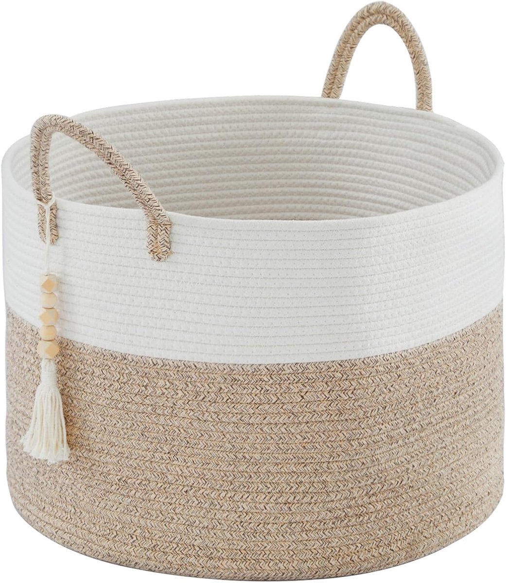 SnelShoppen - Grote Wasmand 65 Liter, Gevlochten Opbergmand van Katoen, Bruin, Voor Kleding, Dekens, Speelgoed, Kinderkamer, Woonkamer, 50 x 33 cm
