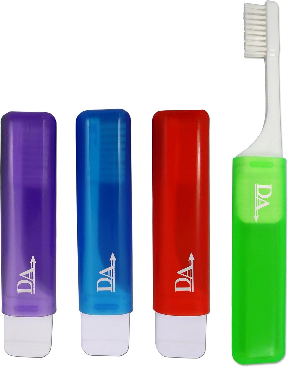 SnelShoppen - 4x Orthodontische Reis Tandenborstel Set - Compacte Klap Tandenborstels - Ideaal voor Camping, Vakantie, Kinderen - Kleuren: Blauw, Groe
