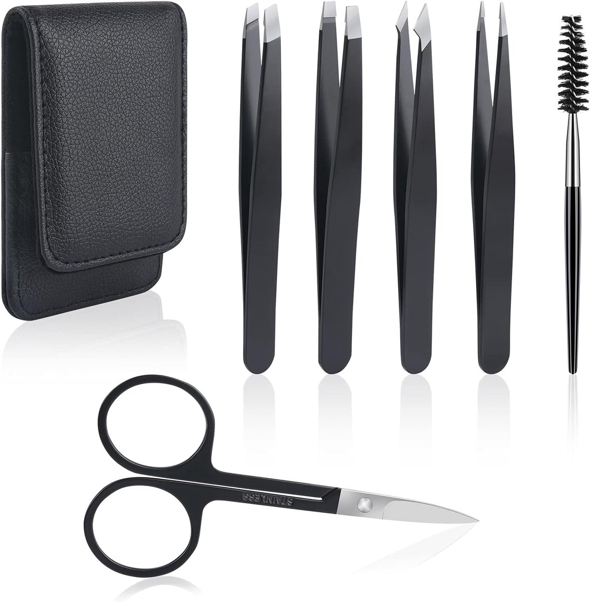 SnelShoppen - Professionele 6-delige Pincetten Set van Roestvrij Staal - Precisie Pincetten, Schaar en Borstel voor Perfecte Wenkbrauwen, Gezichtsbeha