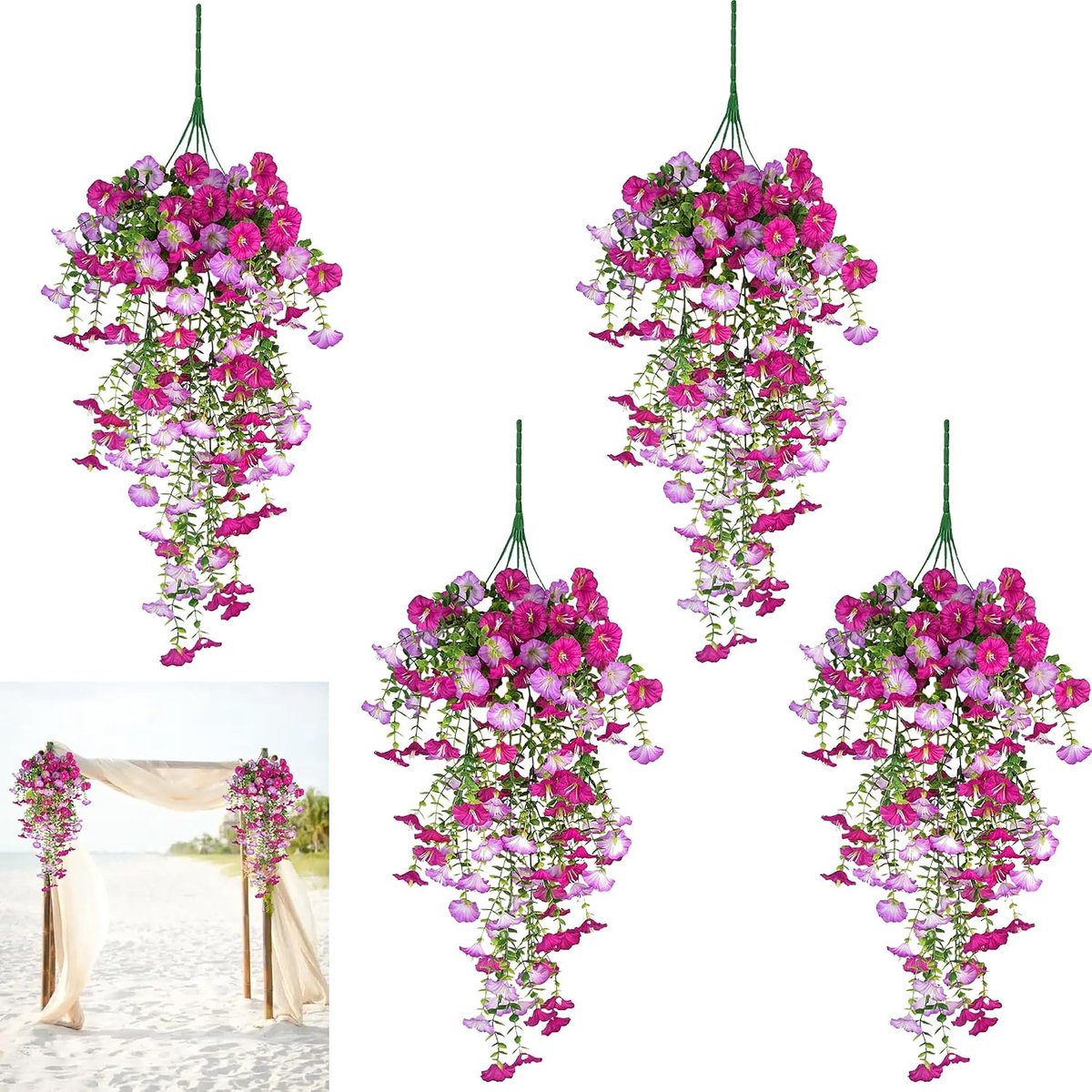 SnelShoppen - 4 stuks kunsthangplanten - Petunia zijden bloemen 75 cm - Kunstbalkonplanten voor buiten - UV-bestendig en weerbestendig - Perfect voor