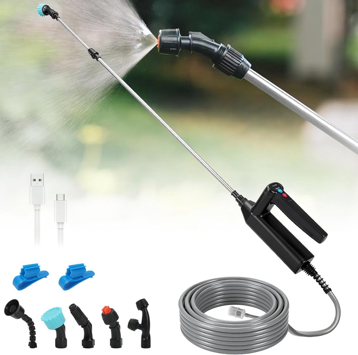 SnelShoppen - Accu Drukspuit 7.4V, Elektrische Plantenspuit met 8m Slang en 60cm Verlengbuis, Waterproof, 3 Uur Gebruikstijd, Meerdere Spuitstanden vo
