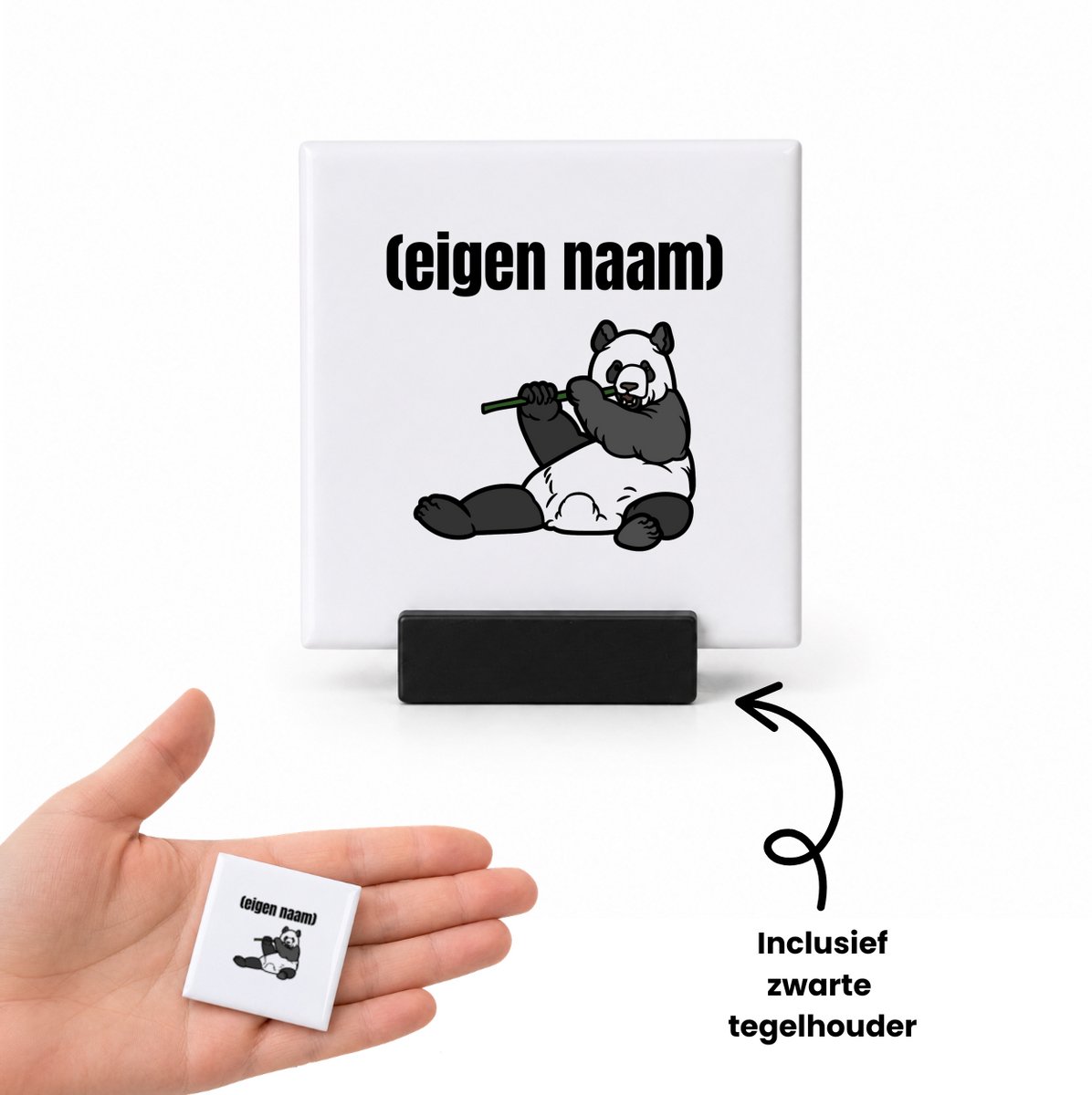 Hacebo panda en bamboe met eigen naam tegeltje met tegelhouder - Panda - panda liefhebbers - tegeltjes met tekst - iemand die houdt van panda's - verjaardag - cadeau - kado - spreuktegels - 4.8x4.8 CM Wit