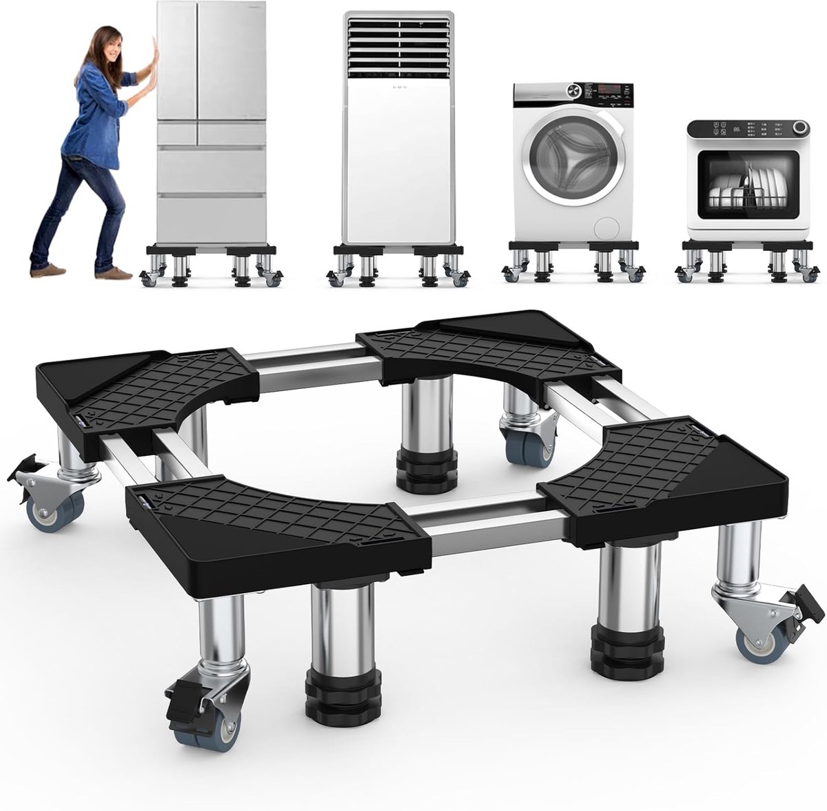 SnelShoppen - Verstelbare Pedestal Basis voor Wasmachine, Droger, Koelkast en Vriezer met 4 Wielen en 8 Stalen Poten - RVS en ABS - Hoogte 54.5-67 cm