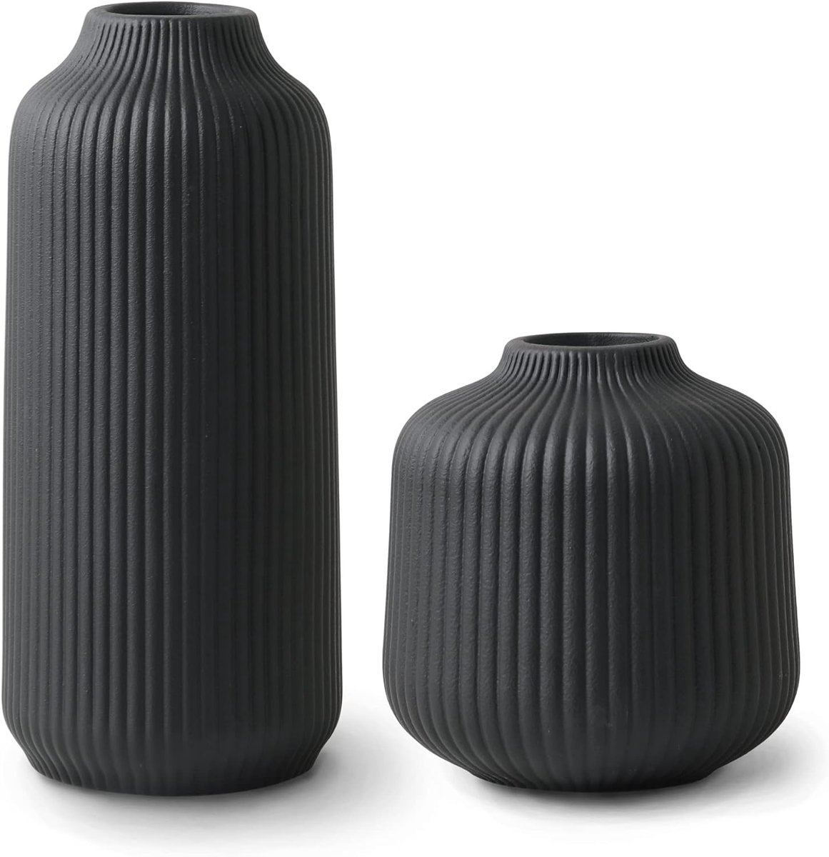 SnelShoppen - Flature Keramische Vaas met Groeven, Moderne Boho Decoratie voor Vaas Set, Zwart Mat, Perfect voor Verse en Gedroogde Bloemen, Set van 2