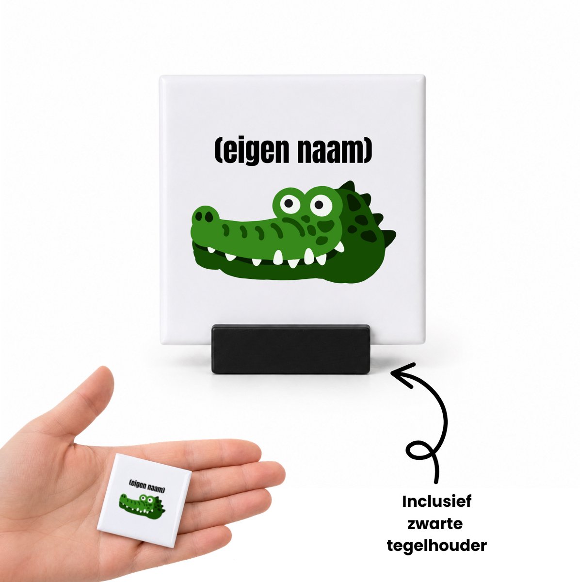 Hacebo krokodil hoofd met eigen naam tegeltje met tegelhouder - Krokodil - krokodillen liefhebbers - tegeltjes met tekst - iemand die houdt van krokodillen - verjaardag - cadeau - kado - spreuktegels - 4.8x4.8 CM Wit