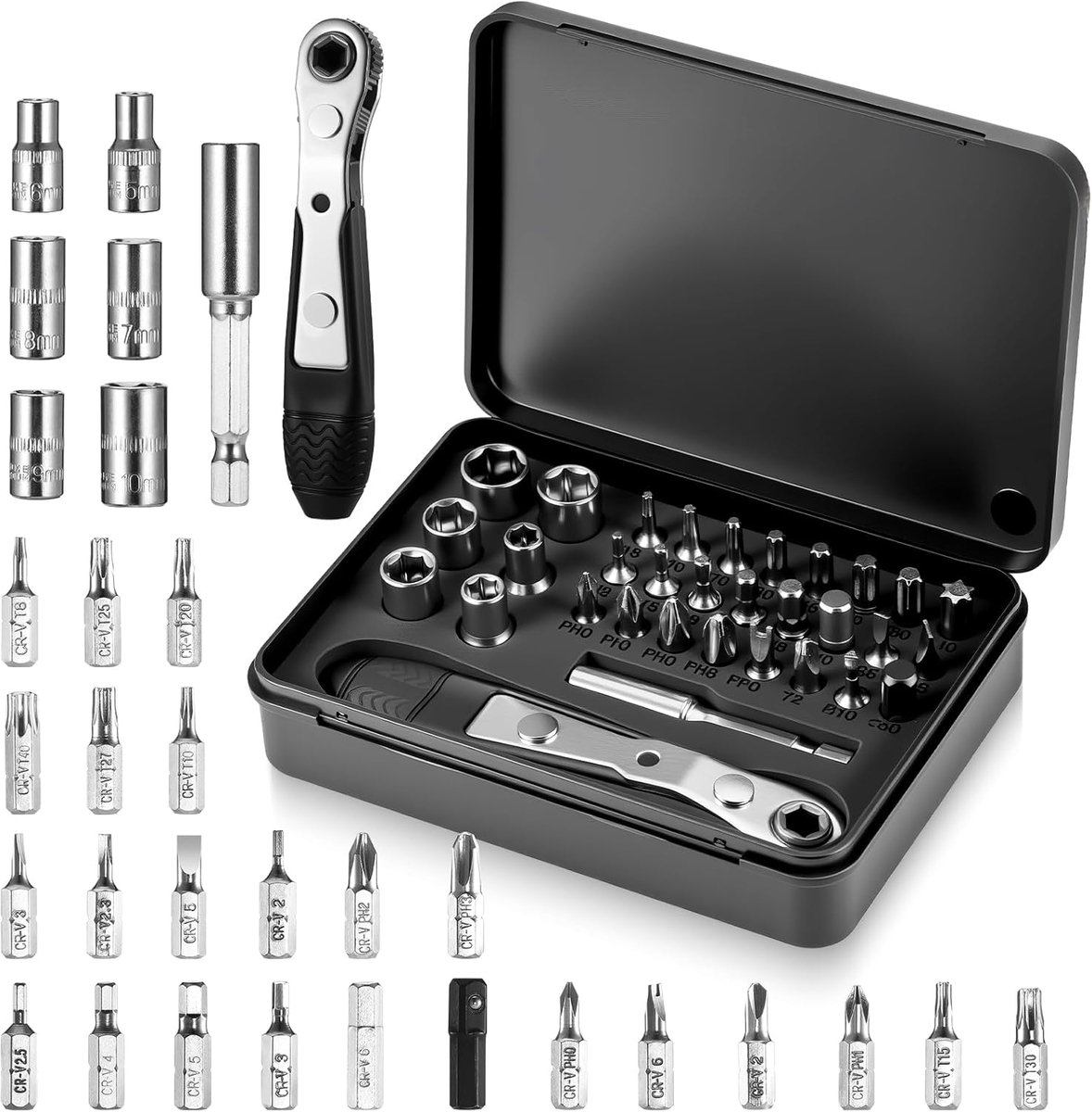 SnelShoppen - Mini Ratchet Schroevendraaier Set 32-in-1, Omkeerbare Ratchet Set, 1/4" Schroevendraaier met Phillips en Hex, Duurzaam Carbon Staal, Ide