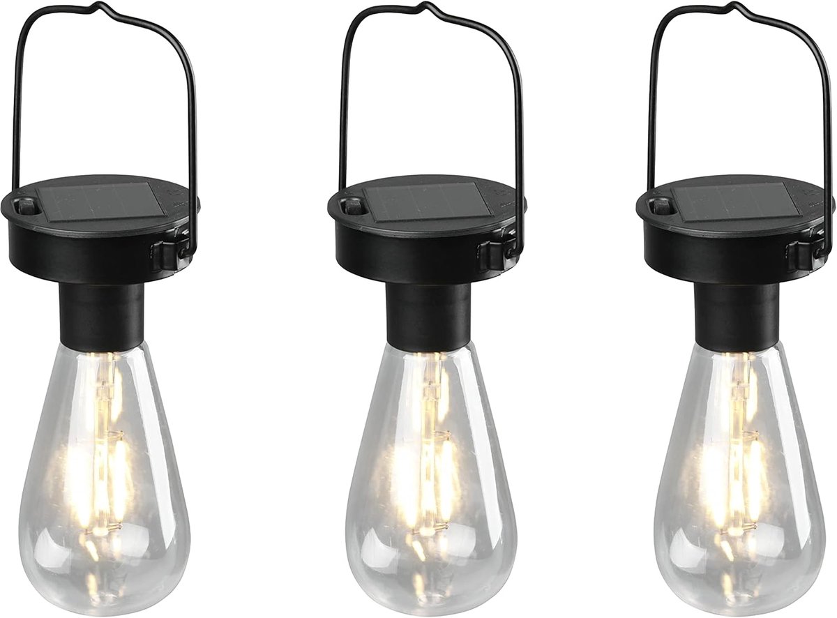 SnelShoppen - Solar Hanglampen Set van 3 - RVS Zwart Mat - Inclusief LED - Tuinverlichting - Buitenverlichting - Camping - Feestverlichting