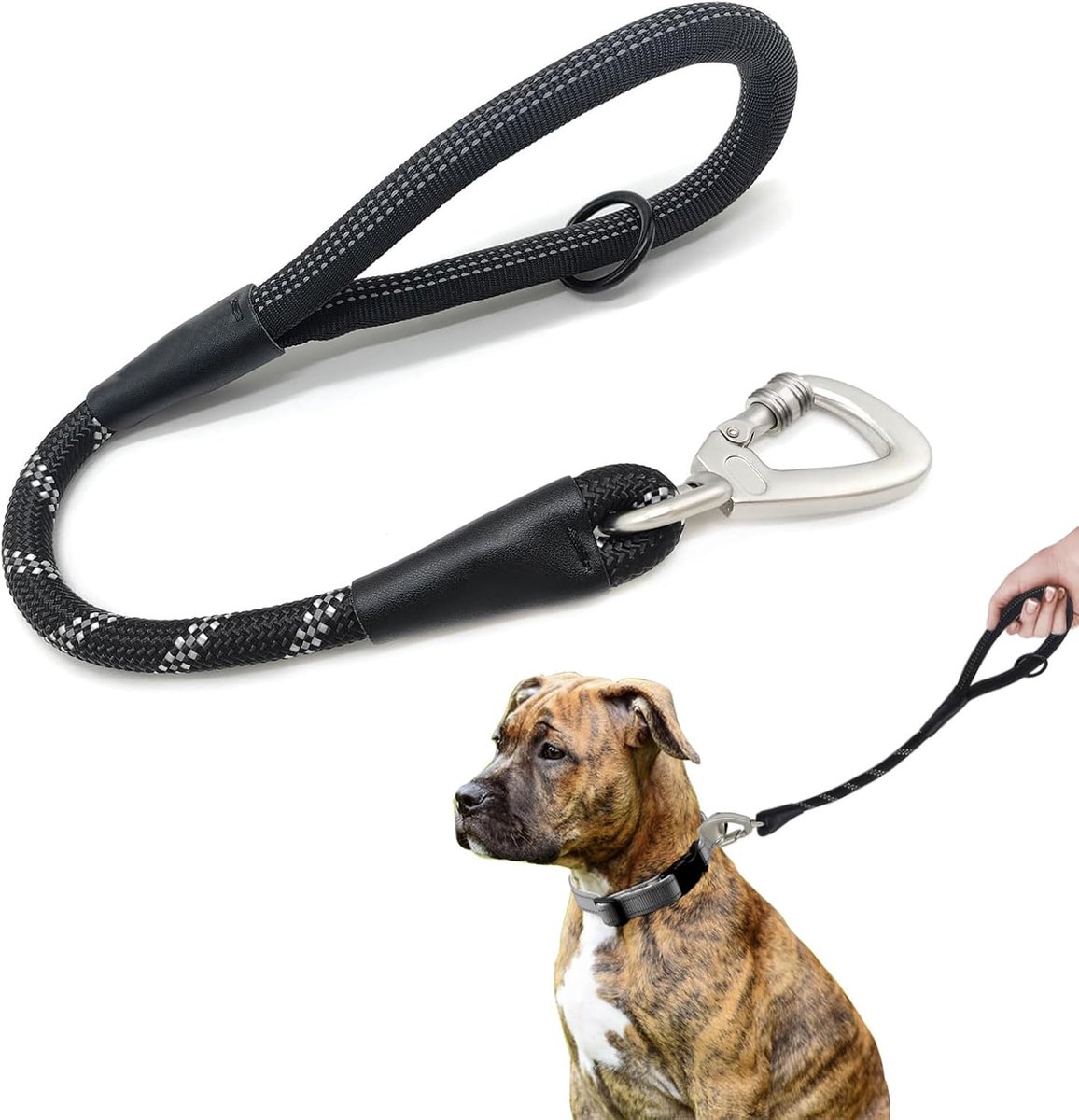 SnelShoppen - Korte hondenriem met O-ring, reflecterend, ideaal voor grote en middelgrote honden, 45 cm zwart, sterke en duurzame leiband voor een vei