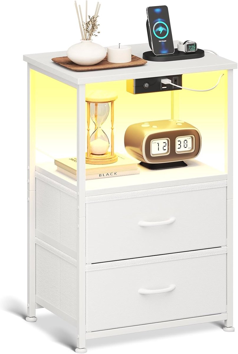 SnelShoppen - Wit Bedside Table met Oplaadfunctie en LED Verlichting, Nachtkastje met USB Poorten en Stopcontacten, 2 Stoffen Lades, Geschikt voor Sla
