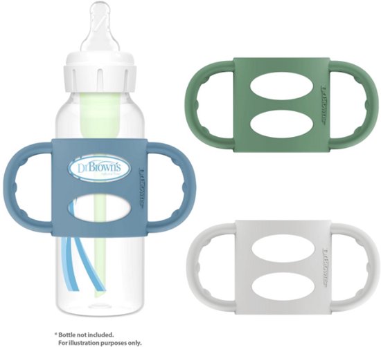 Dr. Brown's Siliconen Flessenhandgrepen voor Smalle Babyflessen (Blauw/Grijs/Groen) - Afneembare Easy Grip Handvatten - BPA-vrij - Overgang naar Drinkbeker van Dr. Brown's — afbeelding 2