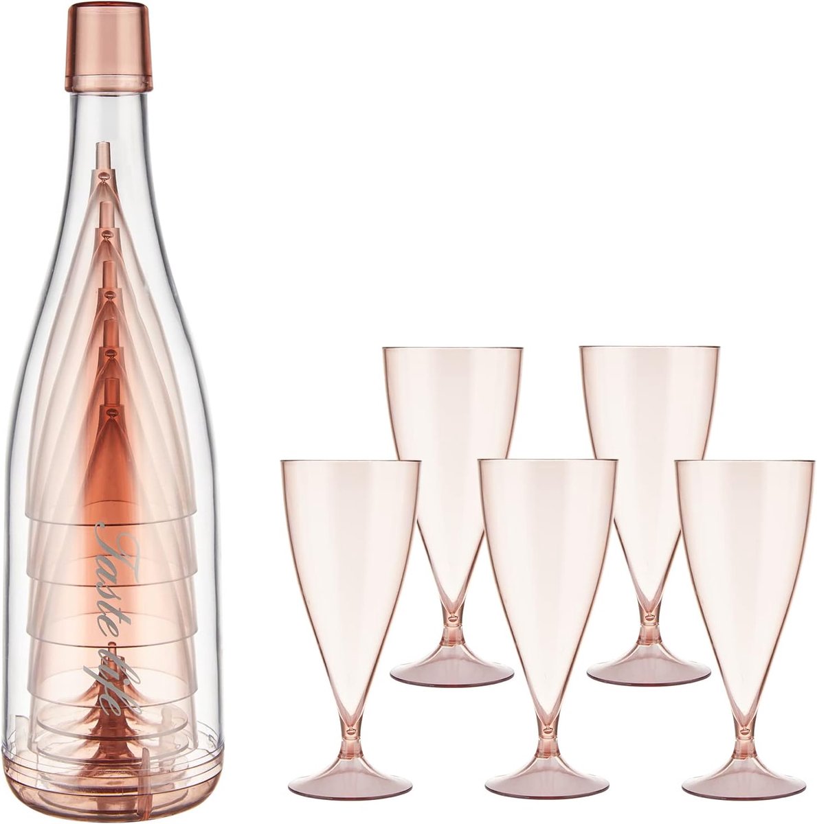 SnelShoppen - Set van 5 Onbreekbare Plastic Champagneglazen - Draagbare Herbruikbare Wijnglazen van Kunststof - Stapelbaar Roze voor Feest, Camping en