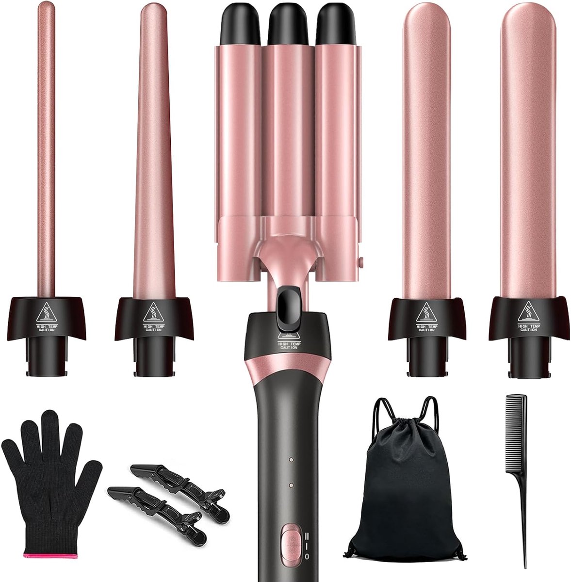 SnelShoppen - 5 in 1 Krultang & 3-Barrel Hair Crimper Set met Verwisselbare Keramische Barrels voor Alle Haartypes, Snelle Opwarming, Dual-Voltage Rei