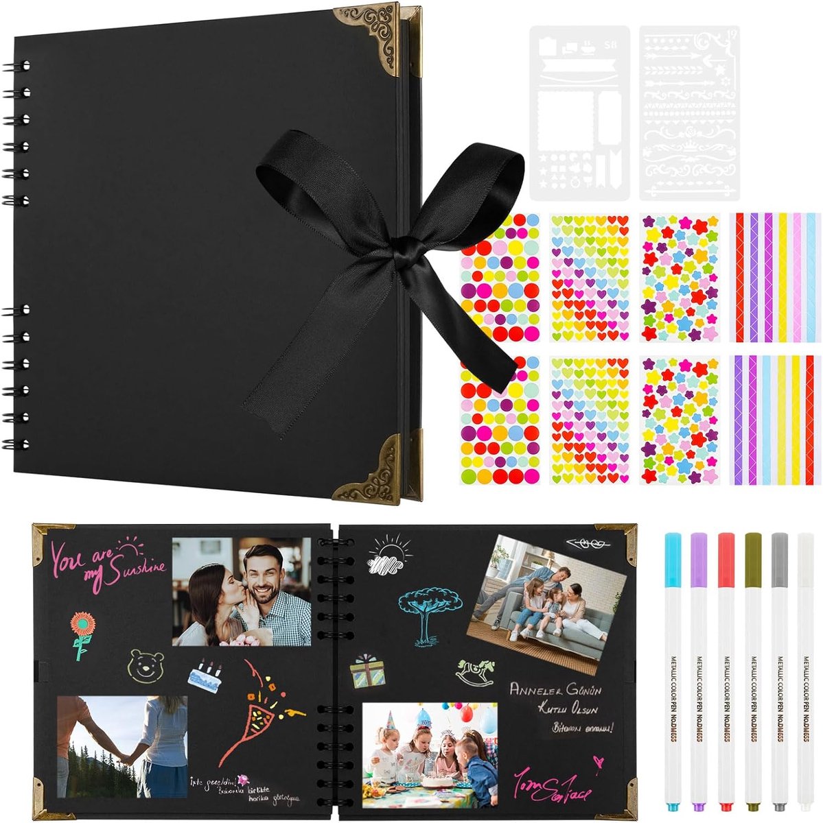 SnelShoppen - Foto Album 30 Zwarte Pagina's, DIY Scrapbooking Set, 20.5 x 20.5 cm, Creatief Baby Foto Album, Compleet met Kleurige Pennen en Stickers