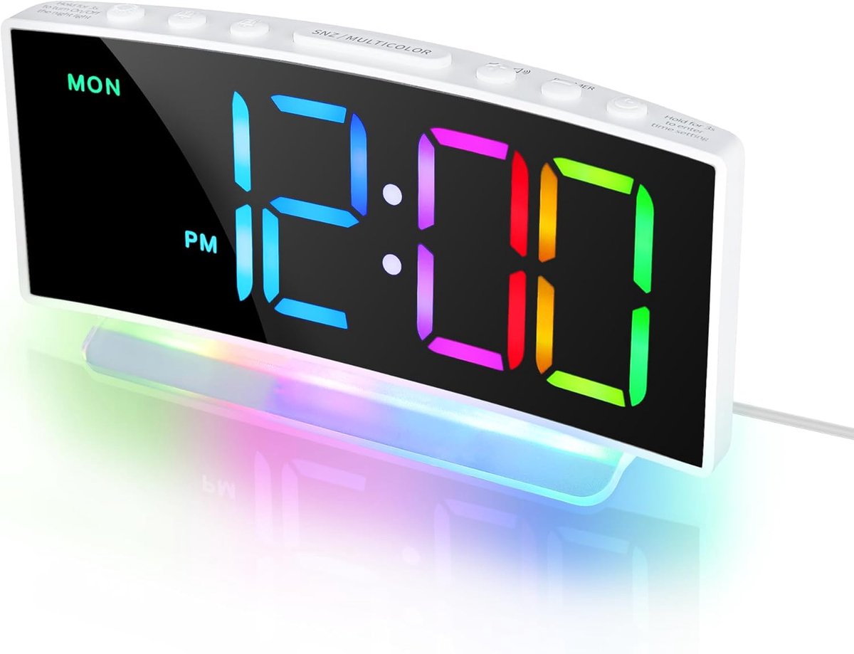 SnelShoppen - Kleurrijke Digitale Wekker met 8 RGB LED Display, 7 RGB Nachtlampjes, Luide Kinderen Alarmklok, Snooze, Helderheid en Volume Aanpasbaar,