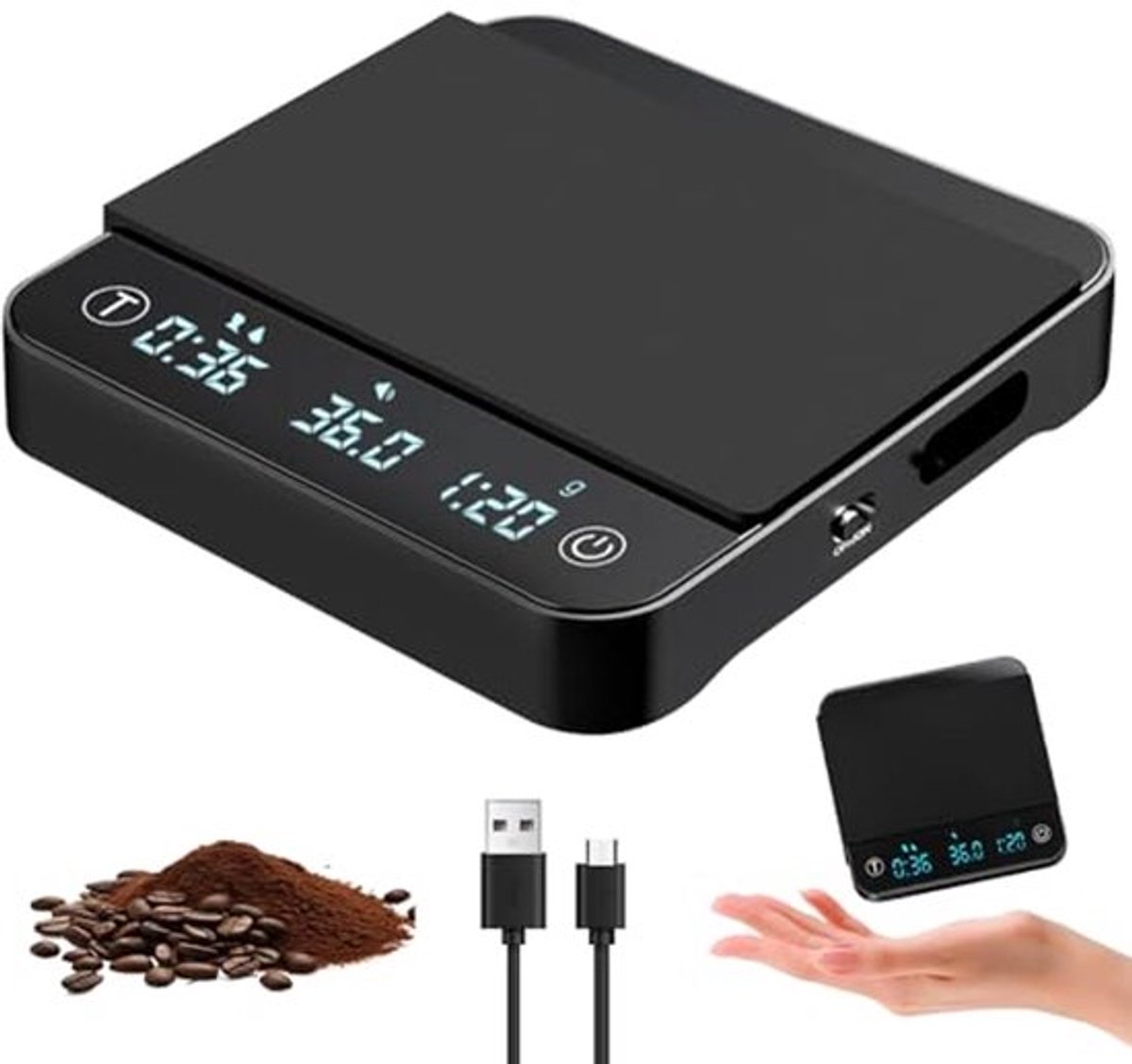 Koffieweegschaal met timer, digitale espressoweegschaal 2000 g/0,01 g met automatische timer en waterpoederverhouding, espressoweegschaal met 4 standen en touchscreen