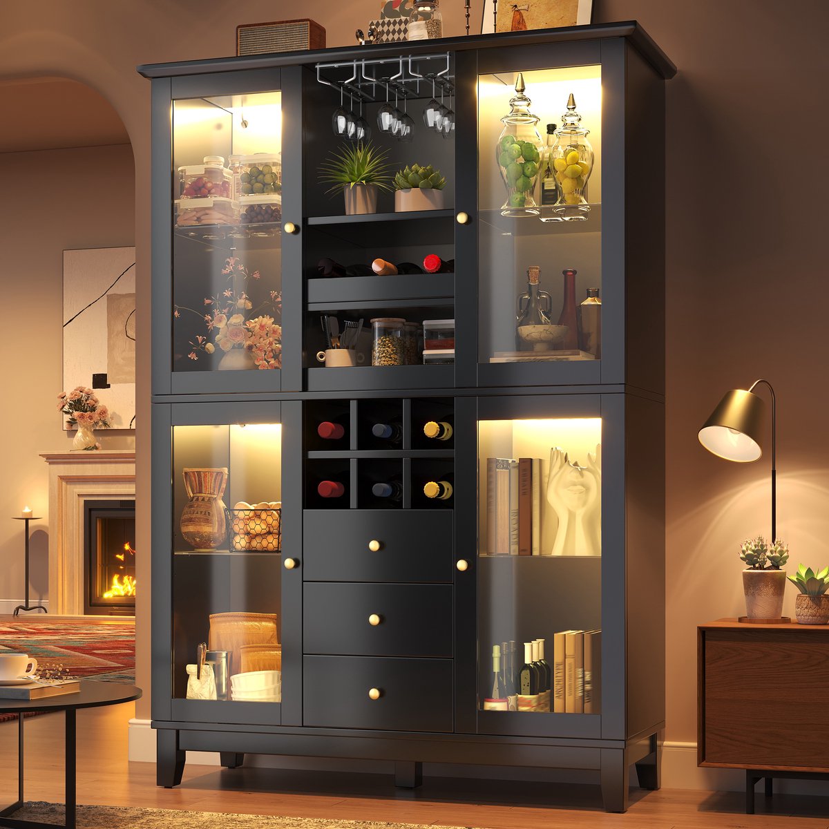 Wishdor - Kast - App-gestuurde LED-verlichting - 3 laden en wijnrek - modern dressoir voor woonkamer of eetkamer - houtlook en metaal - zwart - 120 x 40 x 180,5 cm
