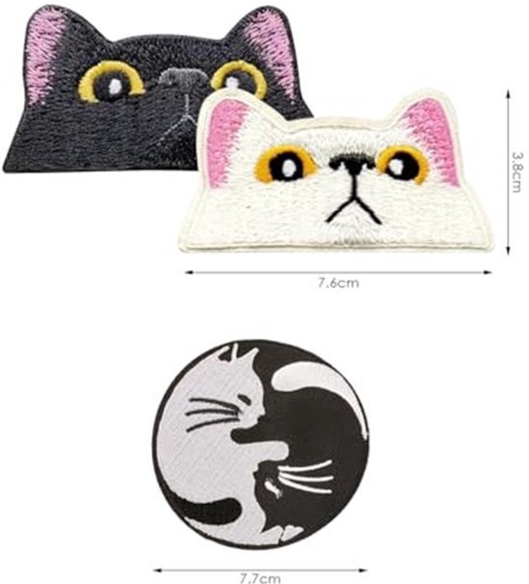 3 GeÃ«mbroide Patches - Kat Gezicht en Rond - 7,5 x 3,8 cm en 7,5 x 7,5 cm