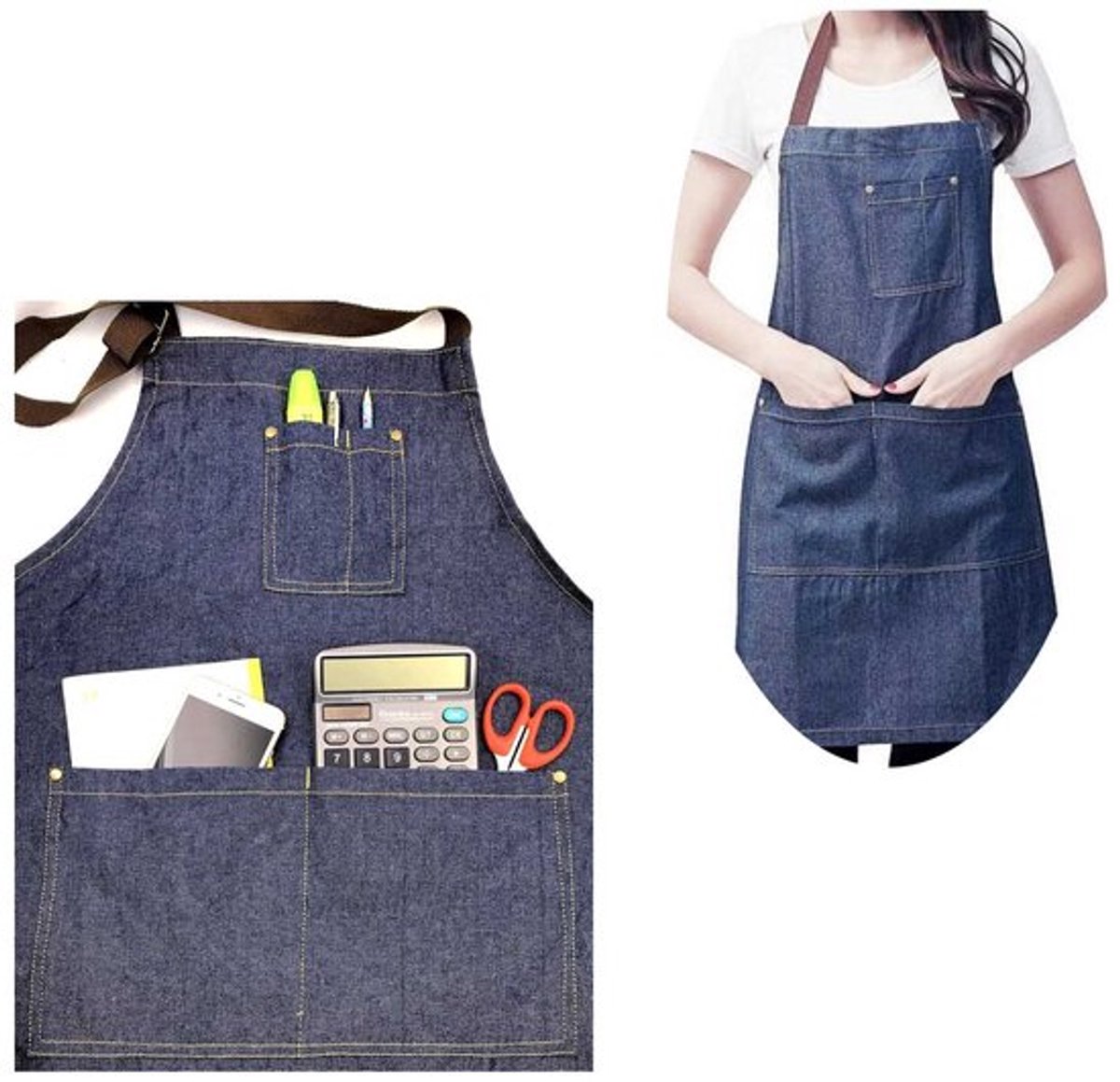 Denim keukenschort - 3-zakken schort - Unisex keukenschort - Cadeau schort - Praktisch voorvak - Extra lange schouderbanden - 74x70 cm - Blauw - 2 stuks - Denim - Stijlvol en handig