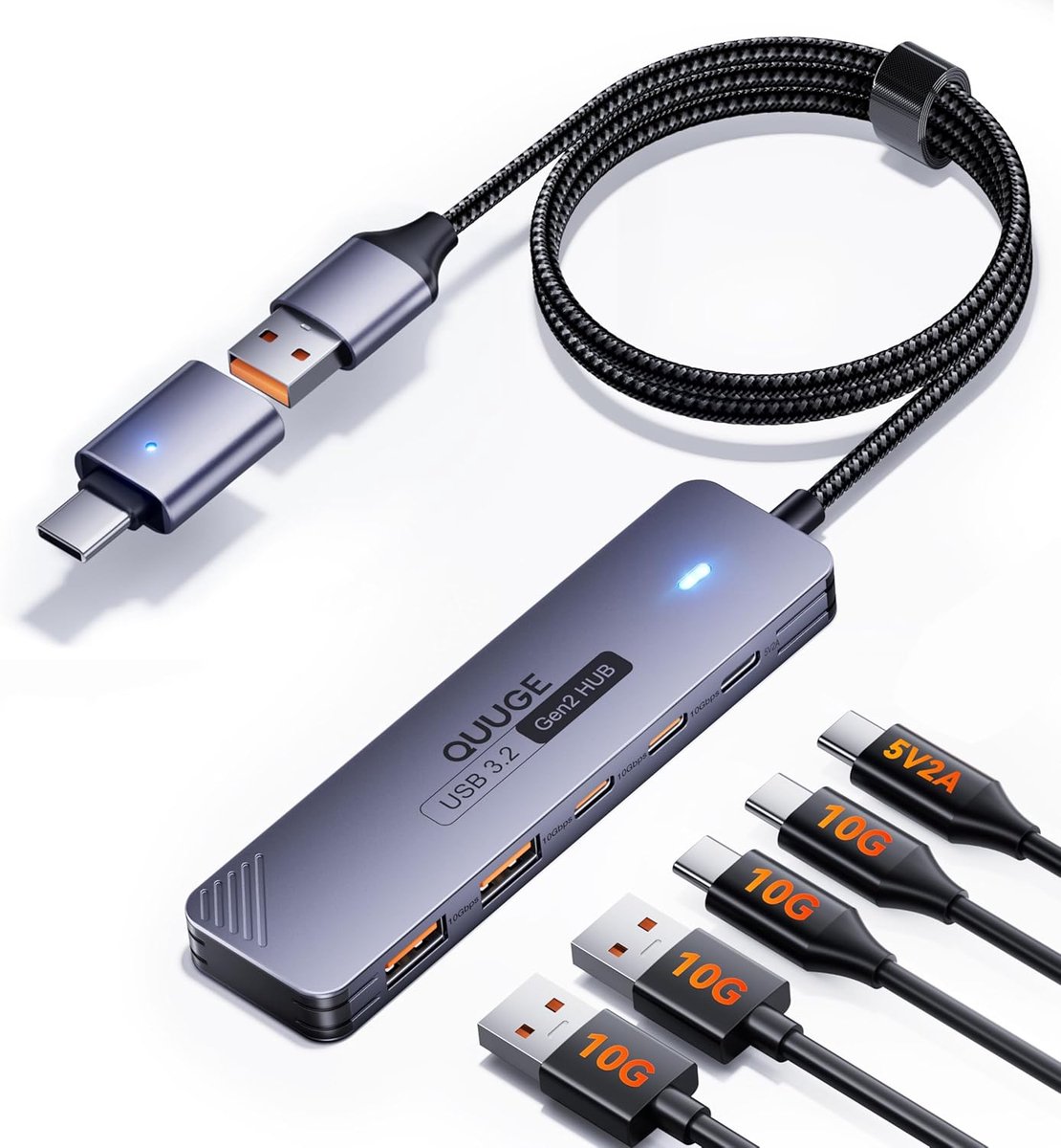 SnelShoppen - USB 3.2 Hub 10Gbps, USB Splitter met 2 USB-A & 2 USB-C Data Poorten, 5V2A Power Poort, 1.2m Kabel voor Laptop en Desktop