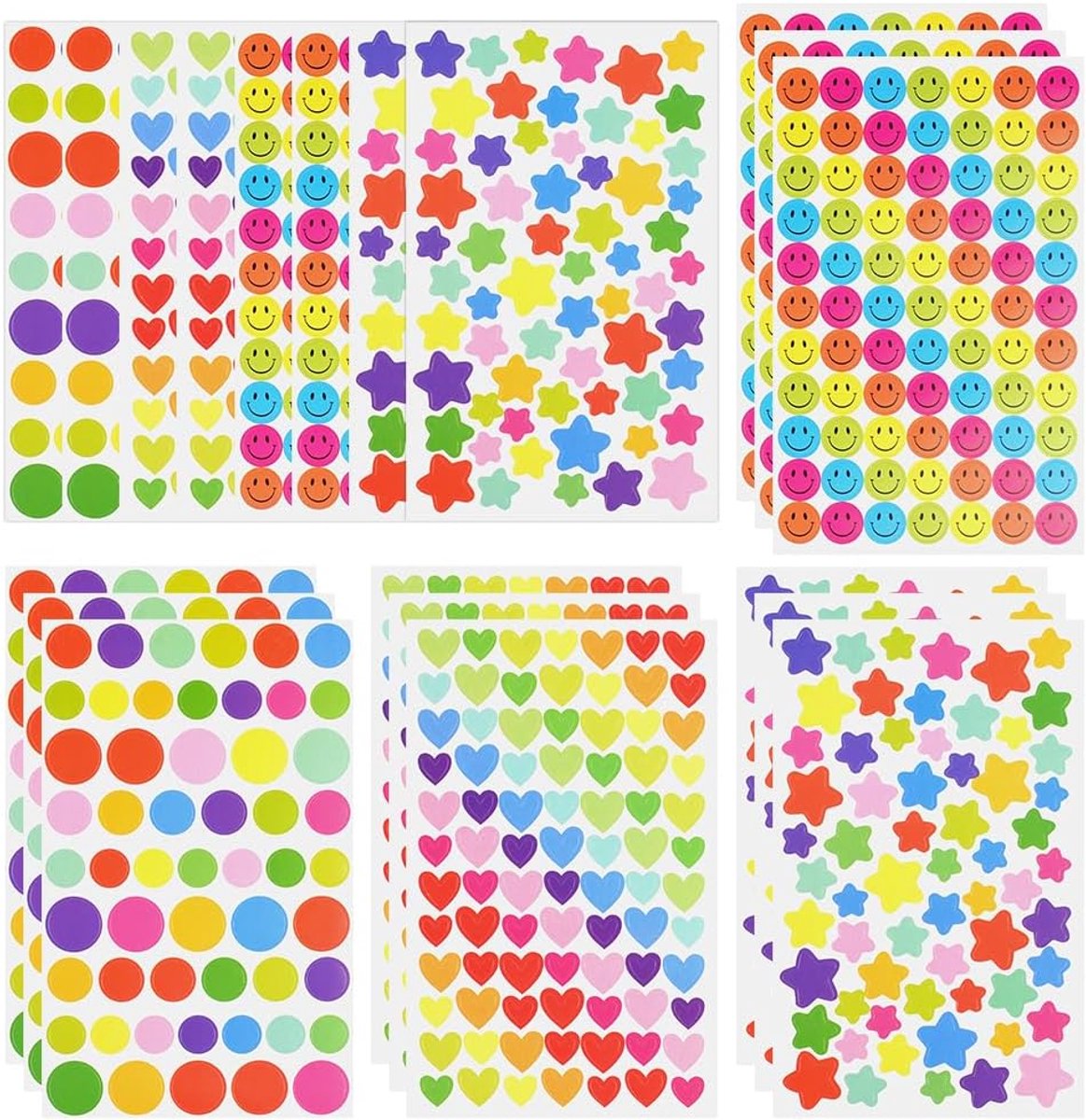 SnelShoppen - 1400 Kinderen Stickers - 20 Bladen - Glitterende Hart, Sterren, Kleurrijke Dots - Creatieve Plakstickers voor Scrapbook, Dagboek, Feest,