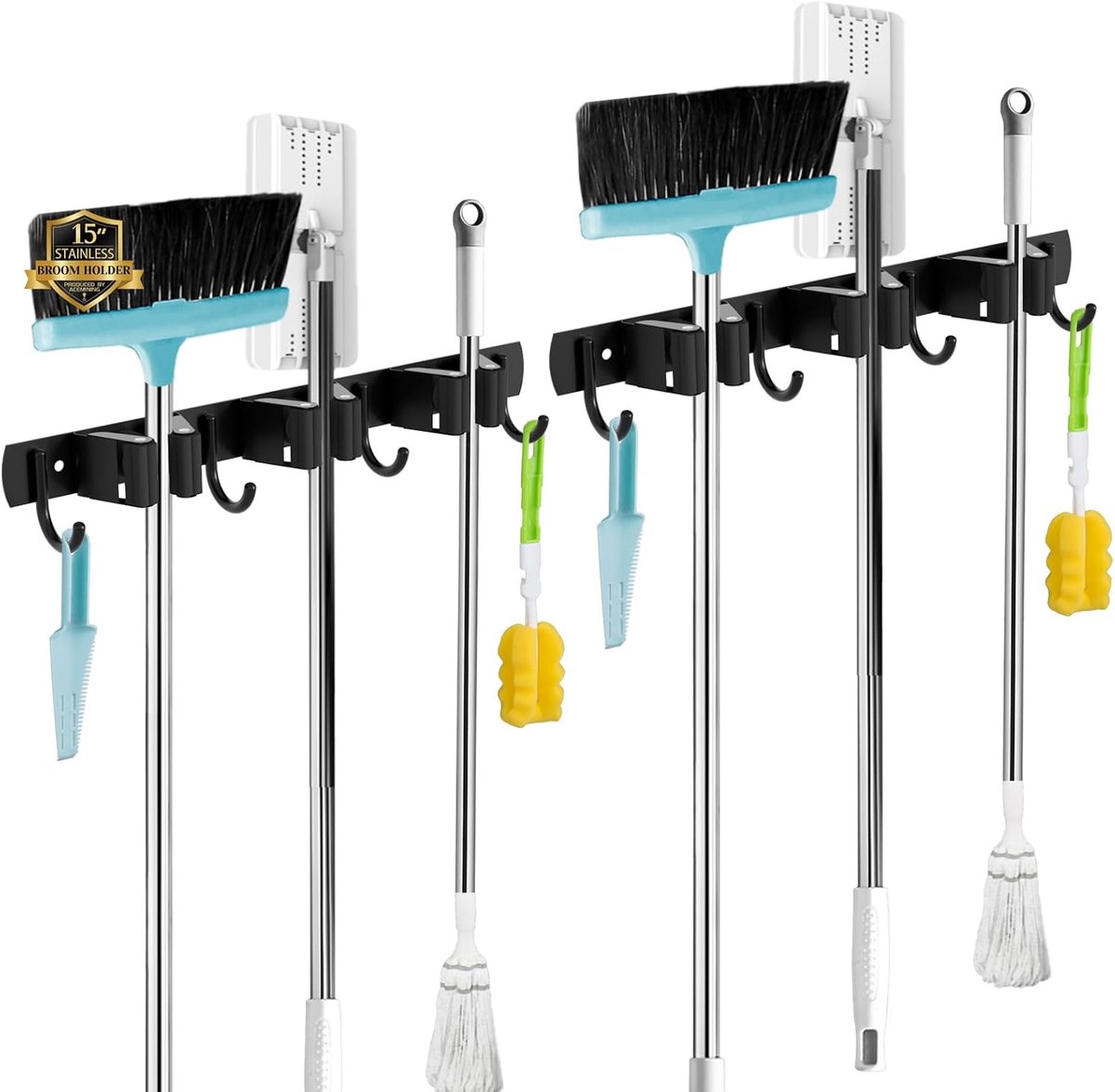 SnelShoppen - Broom Holder Wandbeugel met 3 Houders en 4 Haken - Zwart 2 Pack - Zware Gereedschap Houder - Zelfklevend of Met Schroeven Bevestigen - T