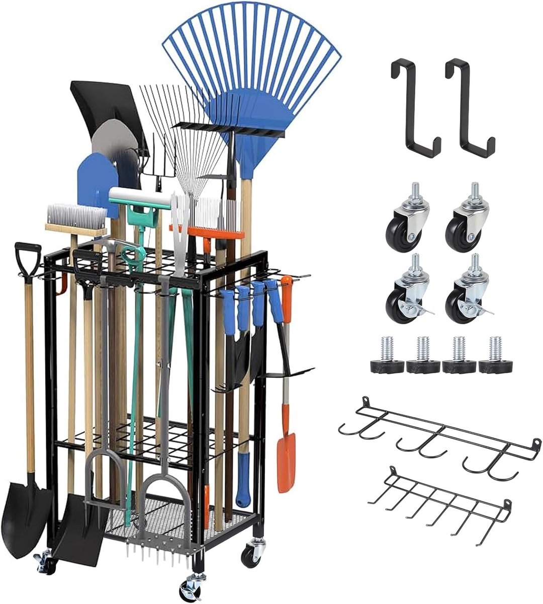 SnelShoppen - Organizer voor Tuingereedschap met Wielen, Metalen Tuin Gereedschap Houder, Opslag voor 50 Hulpmiddelen, 80 x 40 x 32 cm, Voor Brooms, S
