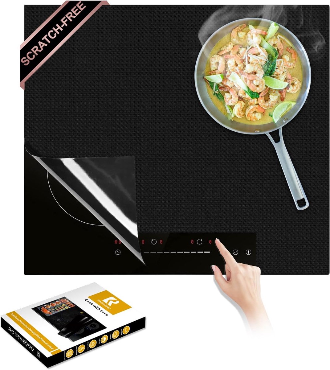SnelShoppen - Inductiemat 61 x 53 cm, Hittebestendig tot 300 °C, Antislip en Krassen Bescherming voor Keramische Kookplaat, Power Boost Compatibel, Zw