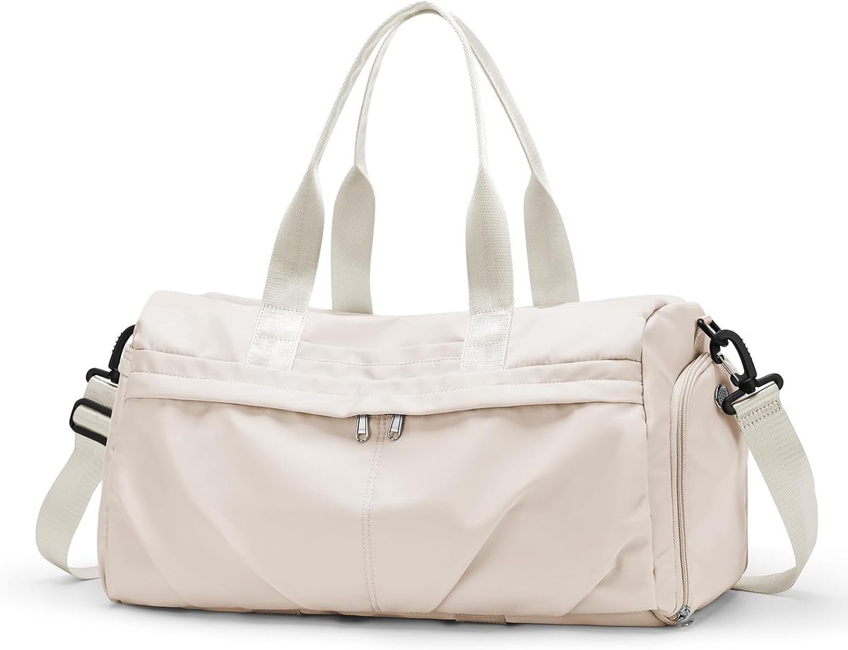 SnelShoppen - HYC00 Dames Sporttas Weekend Bag - Fitness Tas met Schoencompartiment - Waterdichte Reisbagage met Droge en Nat Compartementen - Beige -