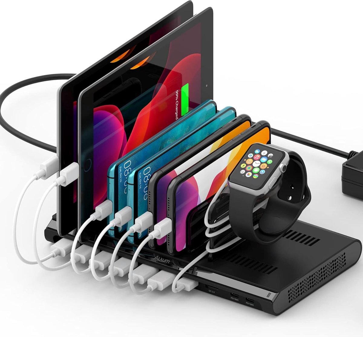 SnelShoppen - 10 Poorts Tablet Oplaadstation, 96W Multi USB Lader met Afneembare Scheidingswanden, 2 QC 3.0 Poorten en 2 PD Type C Poorten, Zwart