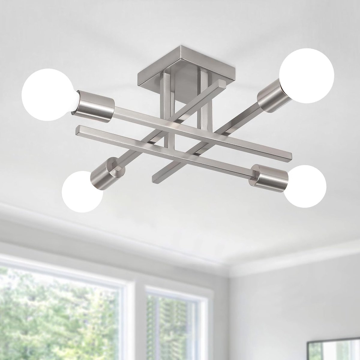 SnelShoppen - Vintage Plafondlamp Zilver, 4-vlam Sputnik Kroonluchter, Moderne Hanglamp voor Woonkamer, Industrieel Metaal E27 Plafondlamp voor Slaapk