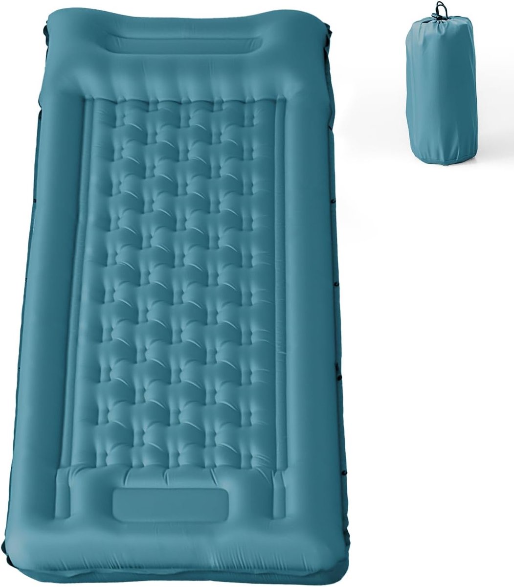 Thijox - Opblaasbare Campingslaapmat met Kussen - Waterdicht en Scheurbestendig 50D Nylon Enkele Luchtmatras met Ingebouwde Voetpomp - Blauwgroen 195x