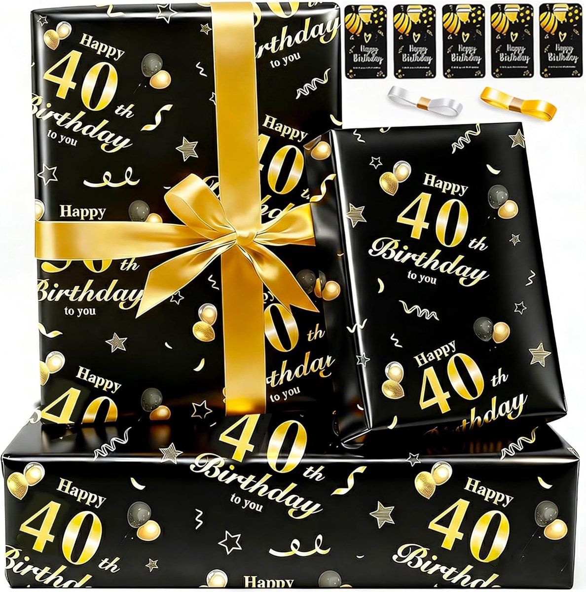 SnelShoppen - Cadeaupapier 40e Verjaardag Zwart-Goud, 5 Stuks 70x50 cm, Happy Birthday Inpakpapier voor Mannen en Jongens, Feestelijke Verpakking voor