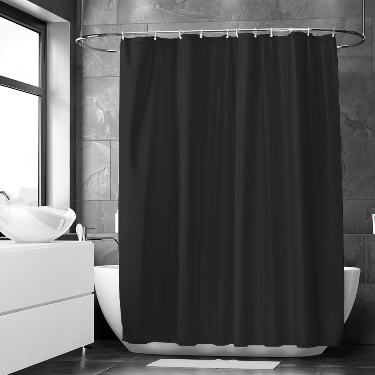 SnelShoppen - Douchegordijn Zwart 180x200 cm - Waterdicht Polyester - Luxe Hotelkwaliteit - Ringen Inclusief - Ideaal voor Badkamer en Wellness