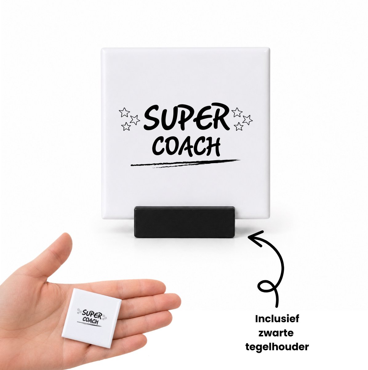 Hacebo Super coach tegeltje met tegelhouder - Coach - een coach - tegeltjes met tekst - sport - verjaardagscadeau - klein cadeautje - kado - gift - spreuktegels - 4.8x4.8 CM Wit