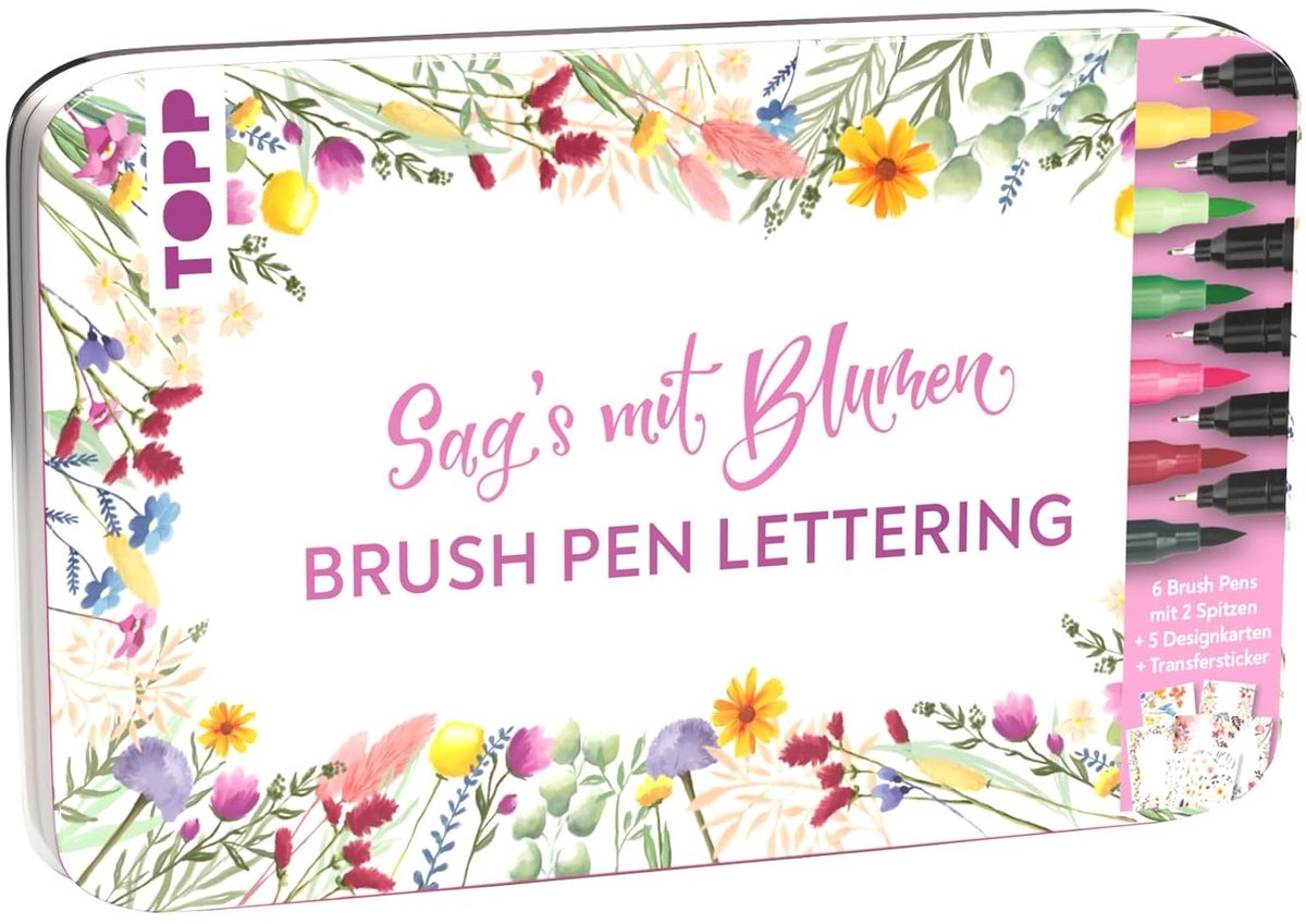 SnelShoppen - Handlettering Designdose Brush Pens met Fineliner - 6 Kleurige Penselen in Geel, Groen en Magenta - Inclusief Designpapier en Transferst