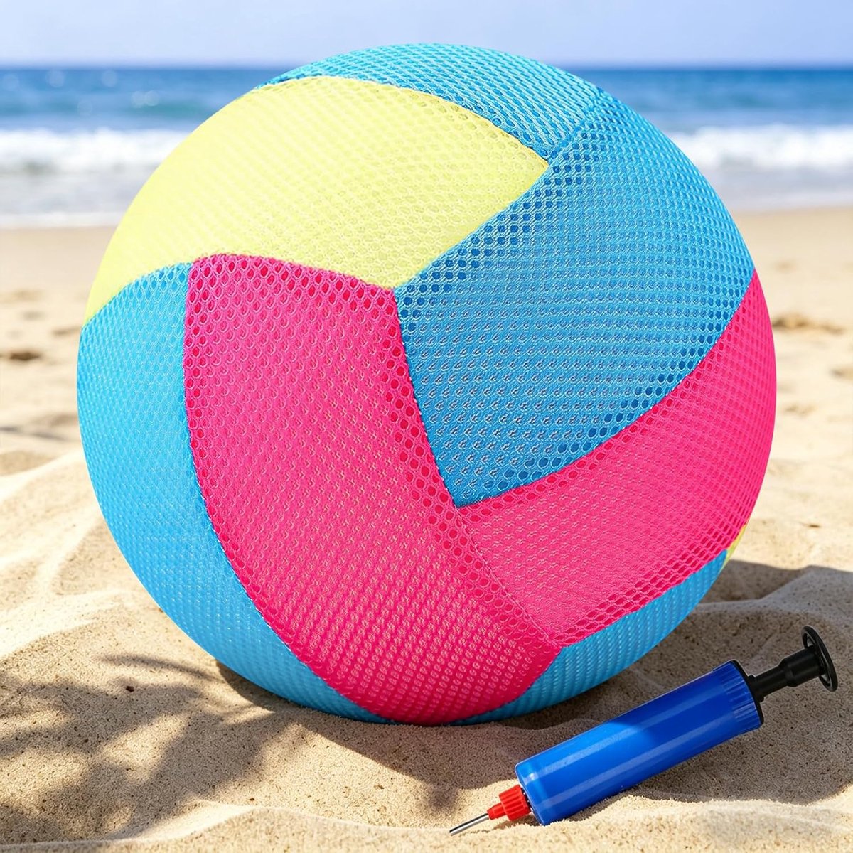 SnelShoppen - Beach Volleyball 21 cm - Waterdichte Pool Volleyball met Net - Ideaal voor Tuin, Strand en Camping - Inclusief Luchtpomp - Felgekleurde