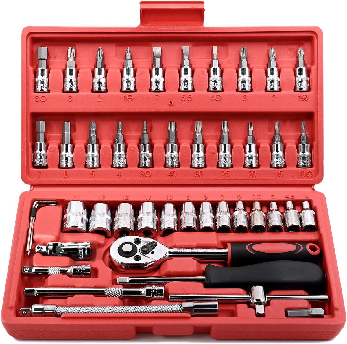 SnelShoppen - 46-delig 1/4" Drive Steeksleutelset - Ratchet Wrench Set met Bit Socket Set - Hoogwaardige Chrome Vanadium Staal - Ideaal voor DIY, Auto