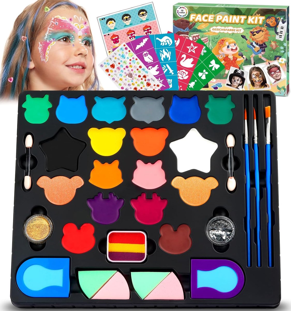 SnelShoppen - Kindermake-upset 18 Kleuren, Veilig en Levendig, Gezichts- en Lichaamsmake-up voor Feestjes, Creatieve Activiteiten en Spelletjes